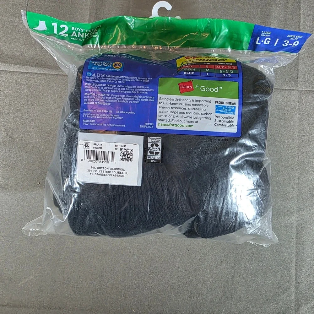 Hanes Boys Cushion Ankle Socks 12 Pair Pack Black Size Large Shoe 3-9 BRLA12